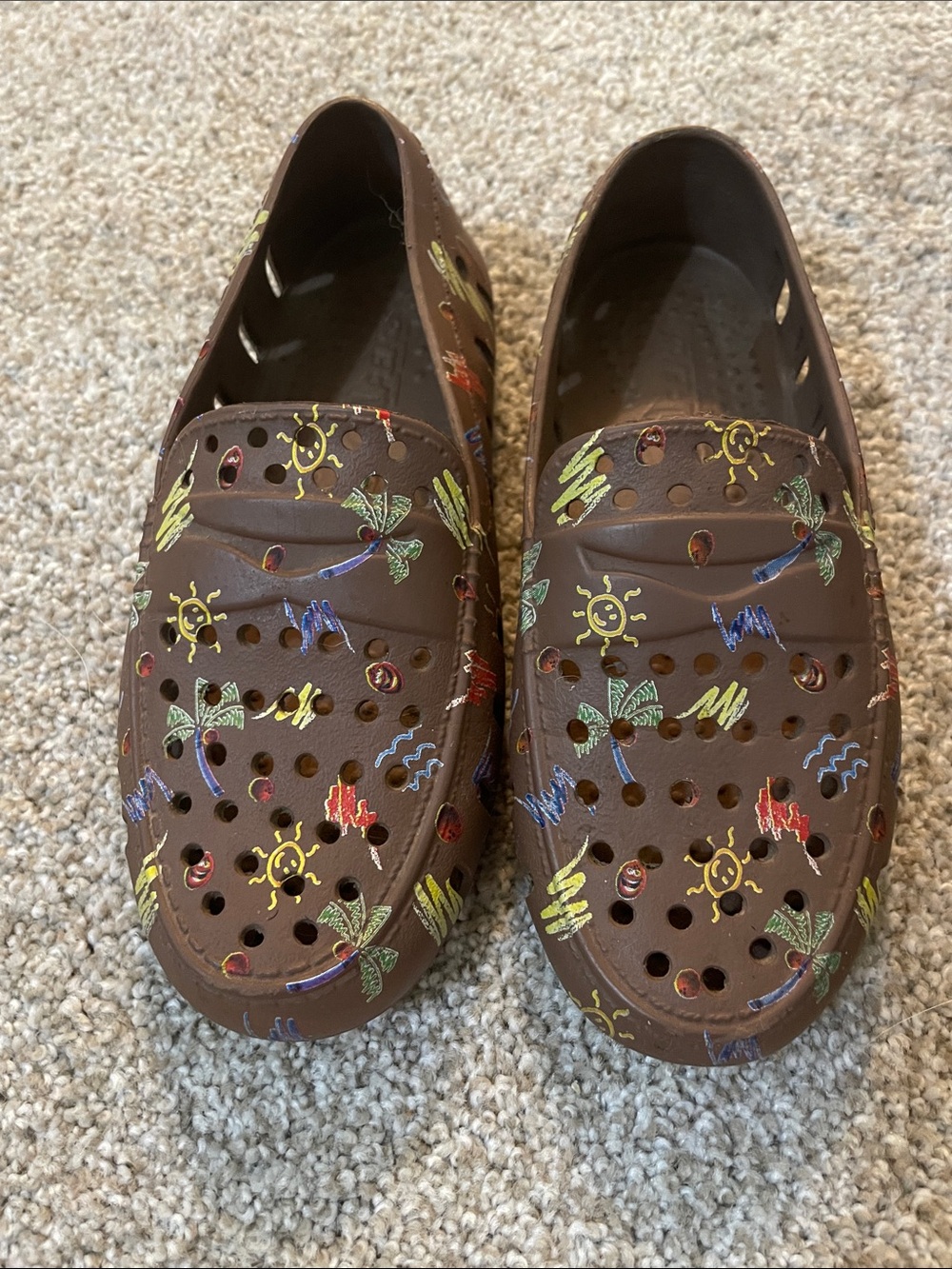 Kids Brown Slip-On Dress Shoes with Crayon Drawings